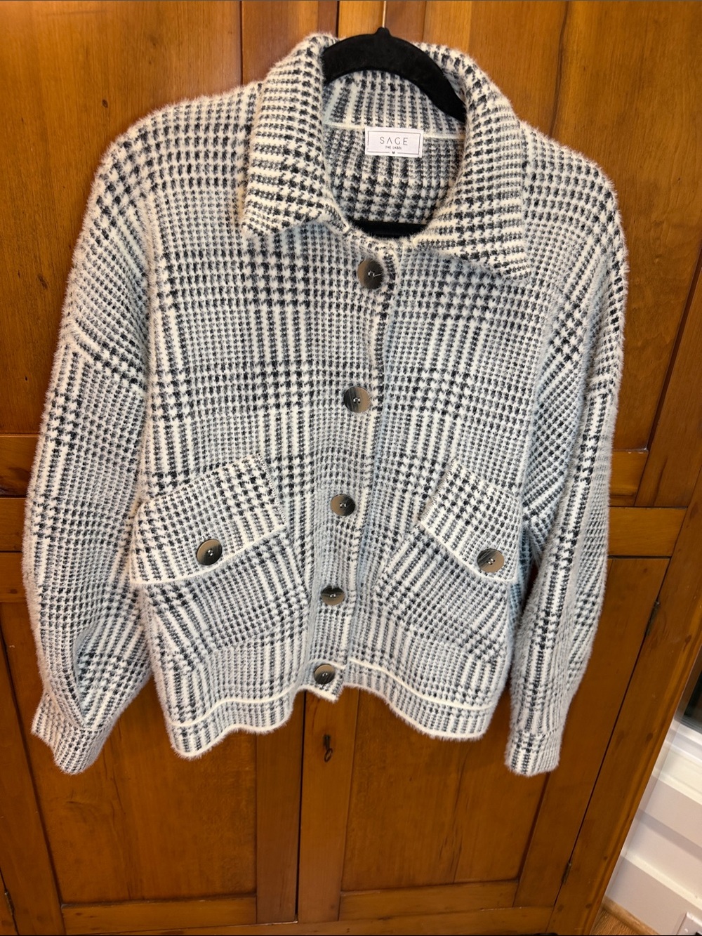 SAGE the Label Black & White Plaid Button-Front Super Soft Sweater, M